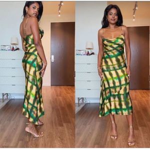 ZARA NWT Satin Effect Print Green Gold Asymmetrical Dress Size Small